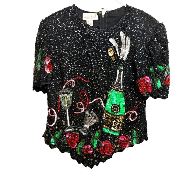 Vtg Lawrence Kazar Black Beaded Cocktail Top Blouse Silk XL Embellished - Picture 1 of 9